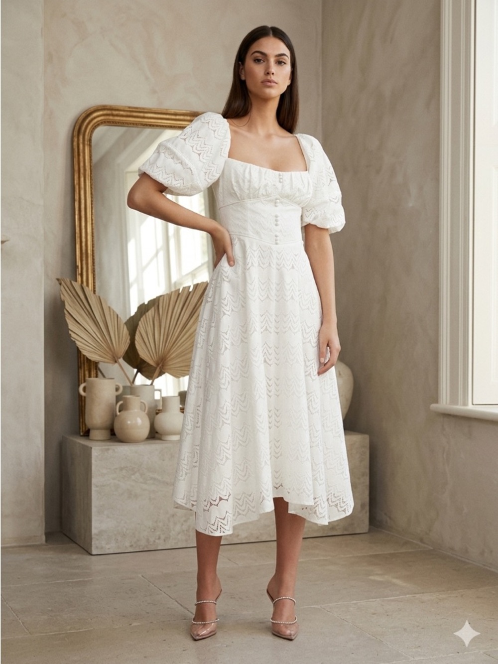 Acler Women's White Lace Midi Dress Puff Sleeve Open Back A-Line Size 4 NWT